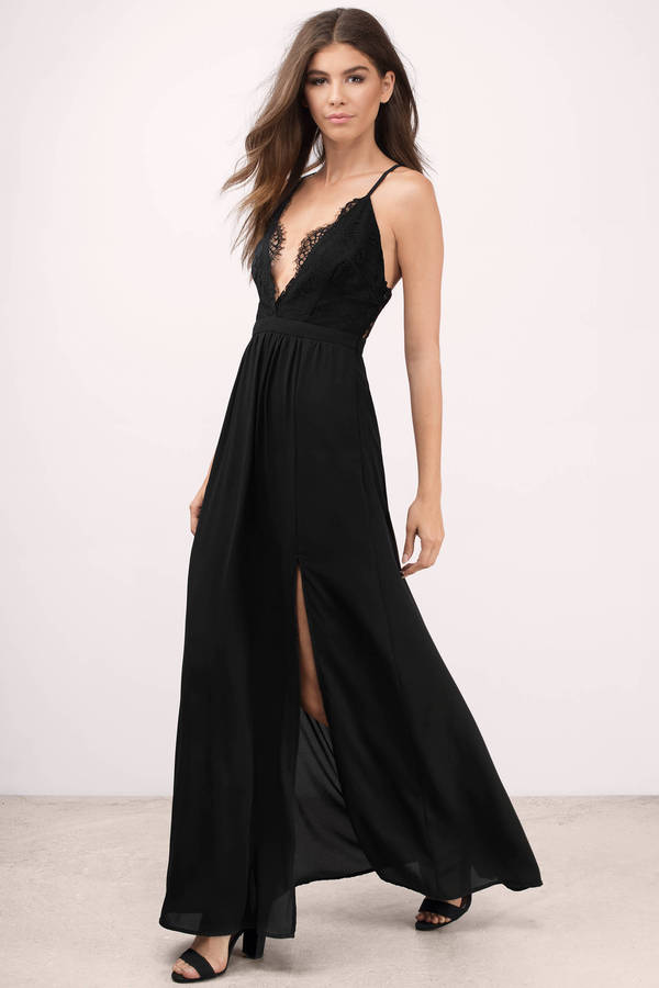 tobi.com - plunging black sleeveless maxi dress with lace detail and thigh slit