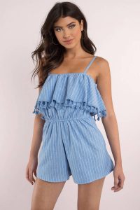 Tobi.com chambray striped romper with ruffled top and tassels