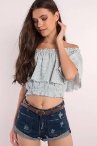 tobi.com - off the shoulder ruffled striped crop top with frayed edges
