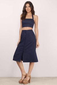tobi.com - high waist linen midi button front skirt in navy