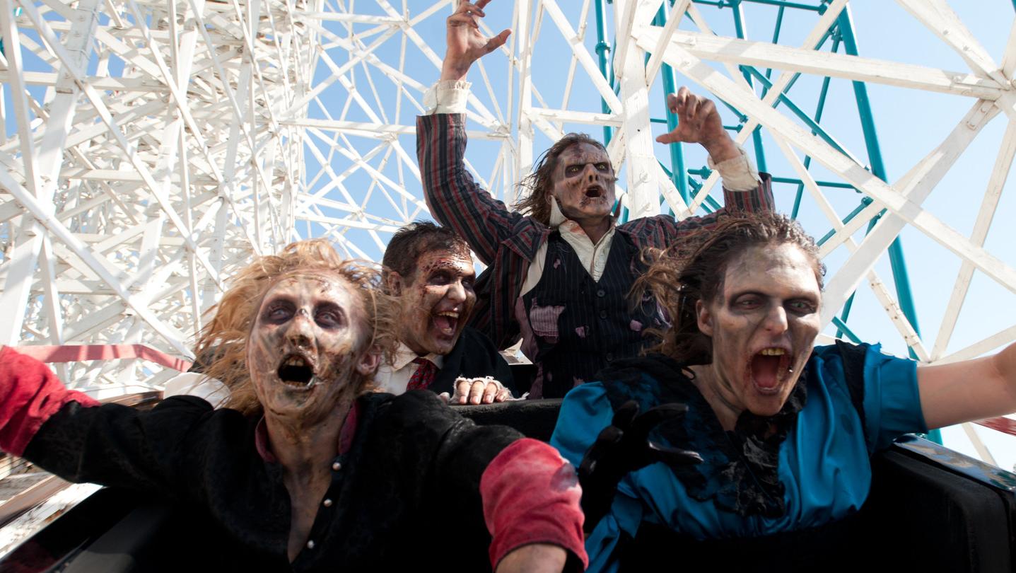 Zombies riding rollercoasters at Six Flags Magic Mountain
