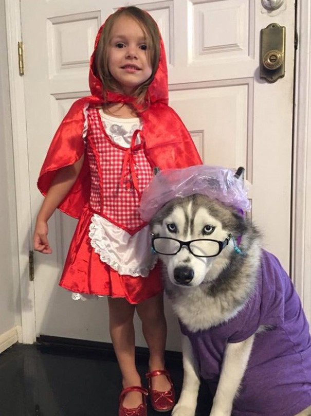 red riding hood and grandmother costume with dog