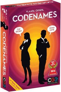 codenames game box with two silhouettes of people with speech bubbles