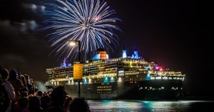 Crowds gaze at the Queen Mary Fireworks on NYE