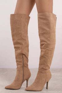 Shop the misty taupe pointed toe knee high boots