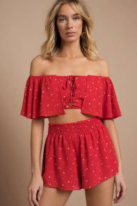 WHITNEY RED MULTI FRONT LACE UP CROP TOP at tobi.com!