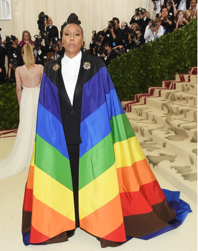 Lena Waithe wears a rainbow cape at the Met Gala.
